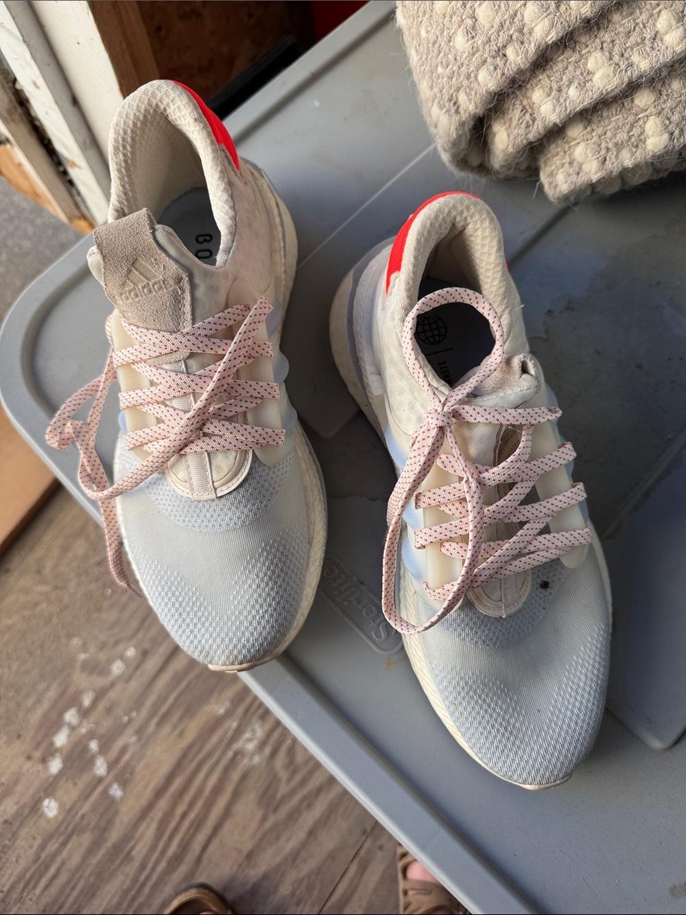adidas Cream and Pink Knit Running Shoes with Red Heel Tab
